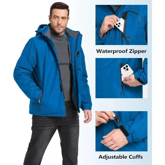 Men's Winter Blue Jackets Waterproof Warm Fleece Ski Jacket with Hood. - Picture 3 of 5
